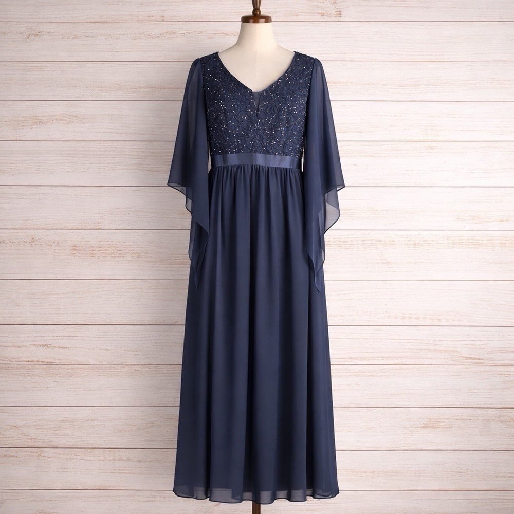 Sequin Fairy‎ Chiffon Navy Blue Maxi Dress XL Whimsical Ethereal Funnel Sleeve